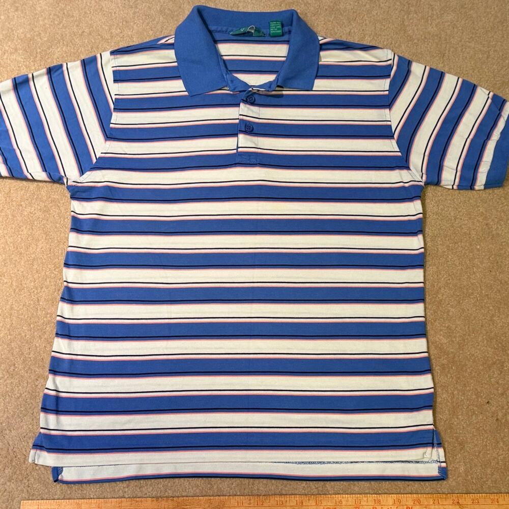 On Course Men’s Polo Shirt Size Large Blue White Striped Short Sleeve Golf Top L